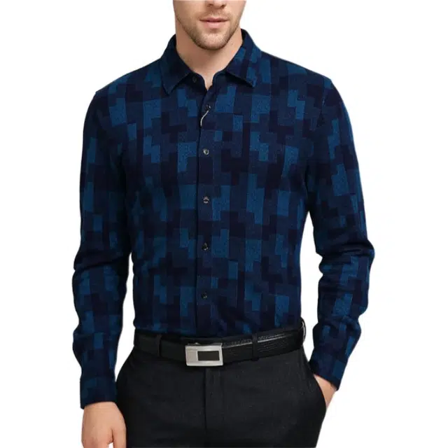 佛朗尼·齐拉 修身翻领商务休闲长袖衬衫 男款 兰绿格