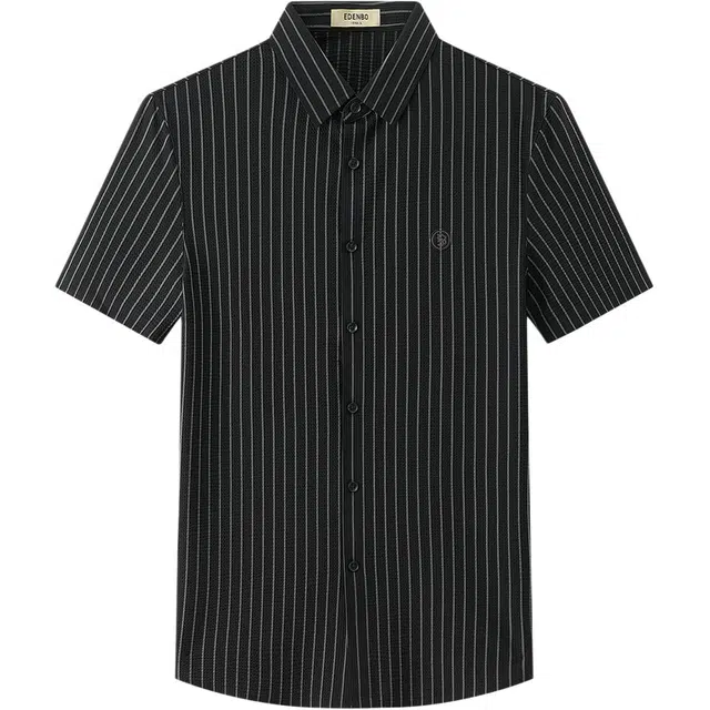 爱登堡 条纹休闲正装爸爸弹力亲肤舒适翻领短袖衬衫 男款
