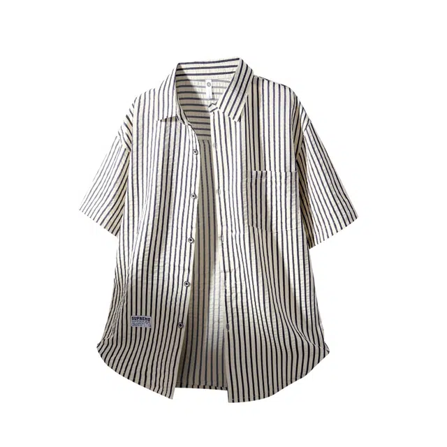 吾皇猫 日系复古高级感撞色压皱竖条纹设计宽松百搭翻领单排扣休闲舒适透气短袖衬衫 男女同款