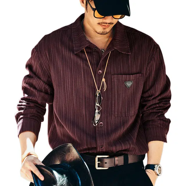 格蓝鹿 夏季 美式复古纯色百搭休闲工装长袖衬衫 宽松型 男女同款