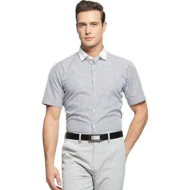 佛朗尼·齐拉 翻领休闲透气短袖衬衫 男款 蓝格