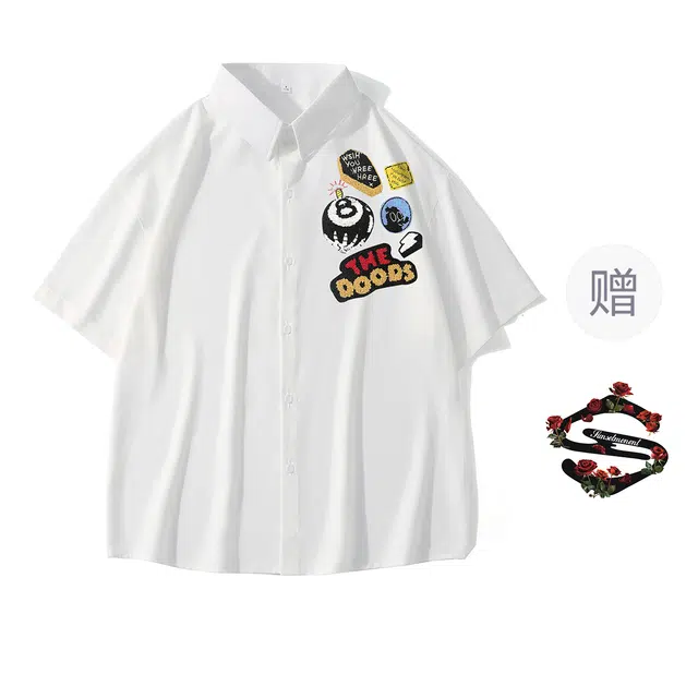 物质公式 美式复古高街重磅字母徽章仿刺绣印花宽松百搭大码松弛感舒适透气运动吸湿排汗嘻哈痞帅冰丝凉感短袖衬衫 男女同款