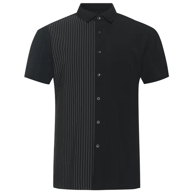 利郎 凉感时尚拼接条纹休闲修身弹力翻领夏季短袖衬衫 男款 黑色