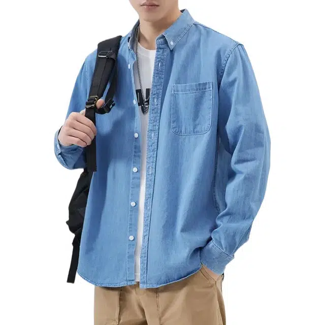 杜克恩 美式复古水洗纯色百搭休闲翻领长袖衬衫 男女同款