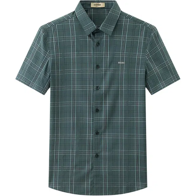 爱登堡 探索主题条纹格子商务休闲轻奢通勤正装翻领短袖衬衫 男款