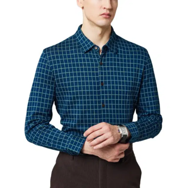 佛朗尼·齐拉 休闲商务翻领格子长袖衬衫 男款 绿格色