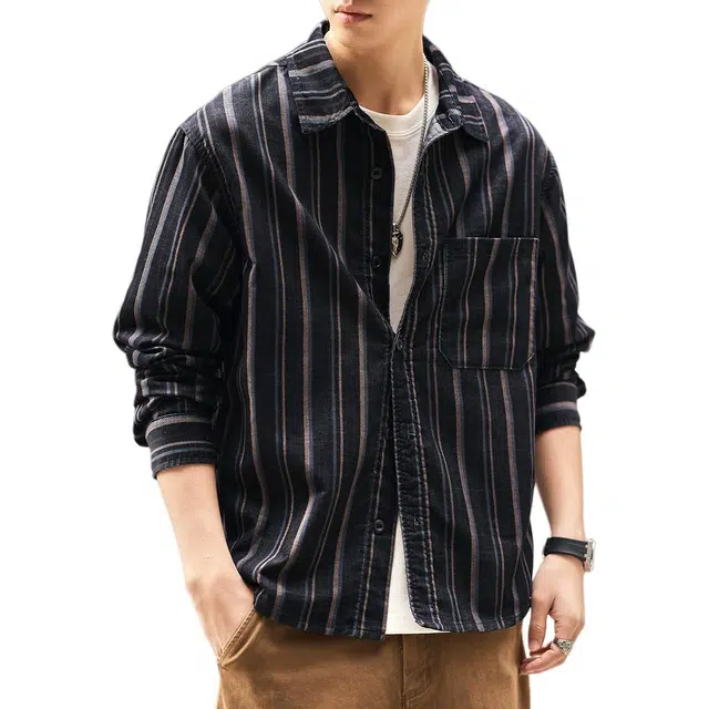 格蓝鹿 春季 潮牌徒步登山松弛感工装衬衣男外套美式复古上班通勤条纹设计感休闲长袖衬衫 宽松型 男女同款 黑色