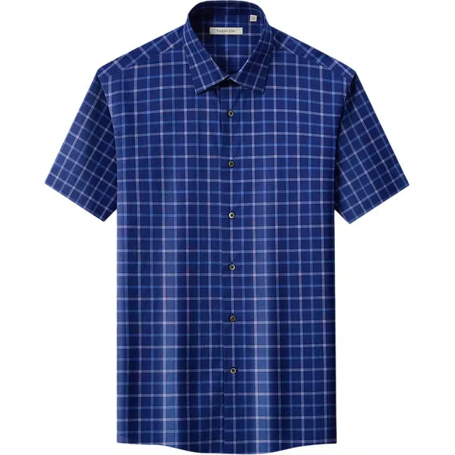 佛朗尼·齐拉 舒适通勤休闲简约短袖衬衫 男款 蓝格