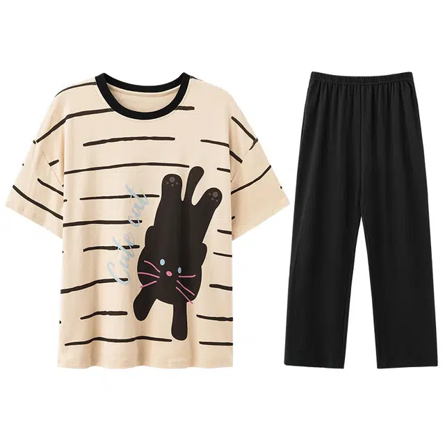 向薇 纯棉短袖长裤条纹可爱简约风可外穿家居服睡衣套装 女款 图片色