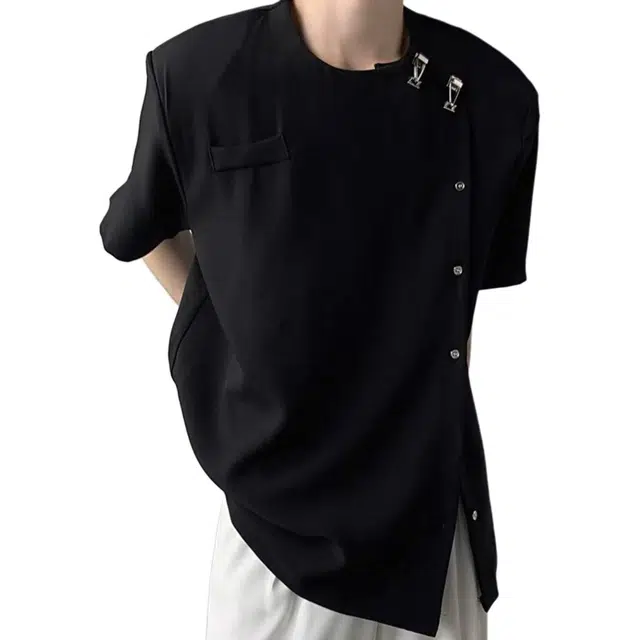 极限涡轮 复古新中式中国风设计感衬衣国潮立领垫肩宽松痞帅小众廓形短袖衬衫 男女同款 黑色