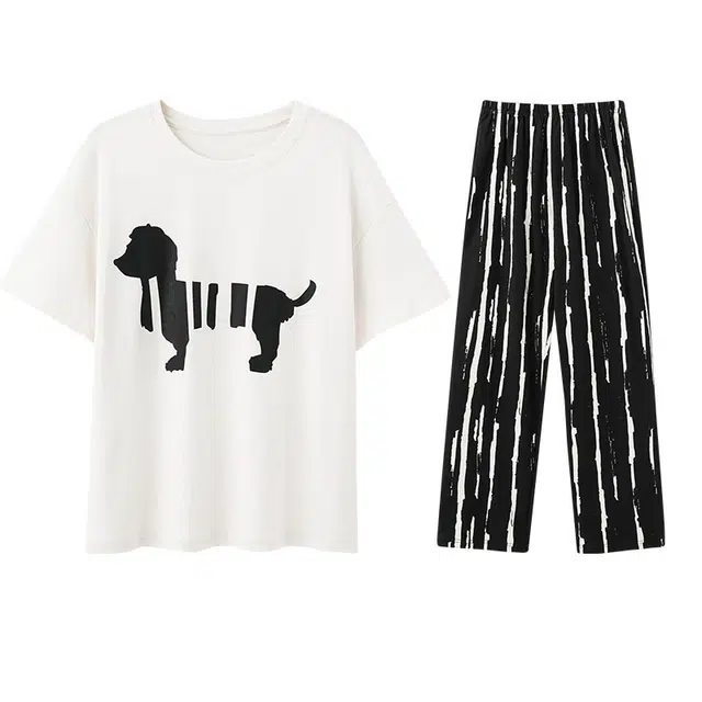 向薇 短袖长裤套头圆领可外穿居家服睡衣套装 女款 图片色