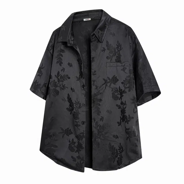 红蜻蜓 中式复古提花港风休闲宽松透气潮牌时尚翻领落肩痞帅日常经典百搭短袖衬衫 男女同款