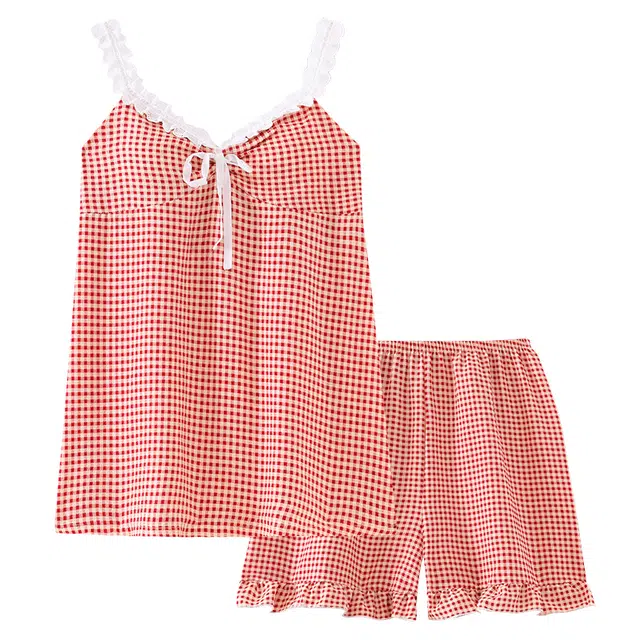 顶瓜瓜 带胸垫格子甜美花边无袖三分裤睡衣套装 女款 图片色