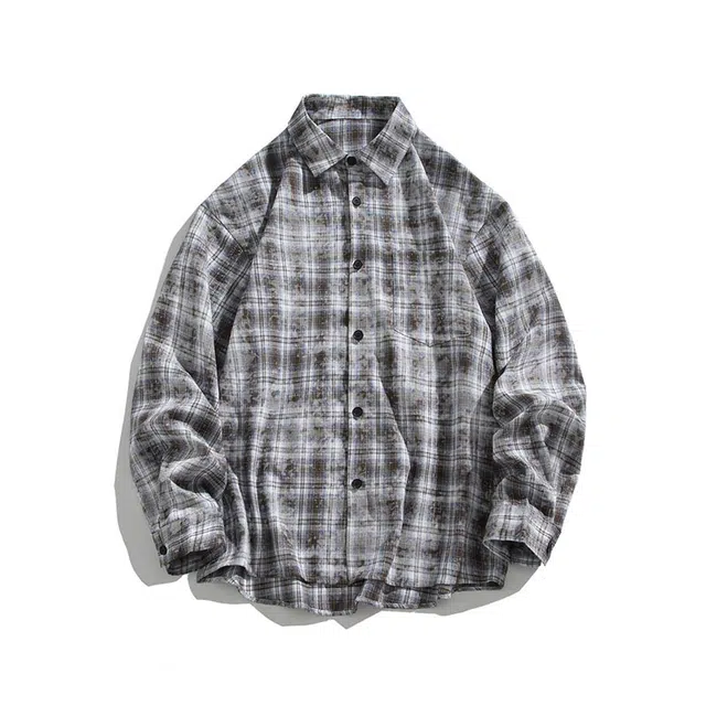 佐菲利 美式翻领宽松舒适百搭扎染格子长袖衬衫 男女同款