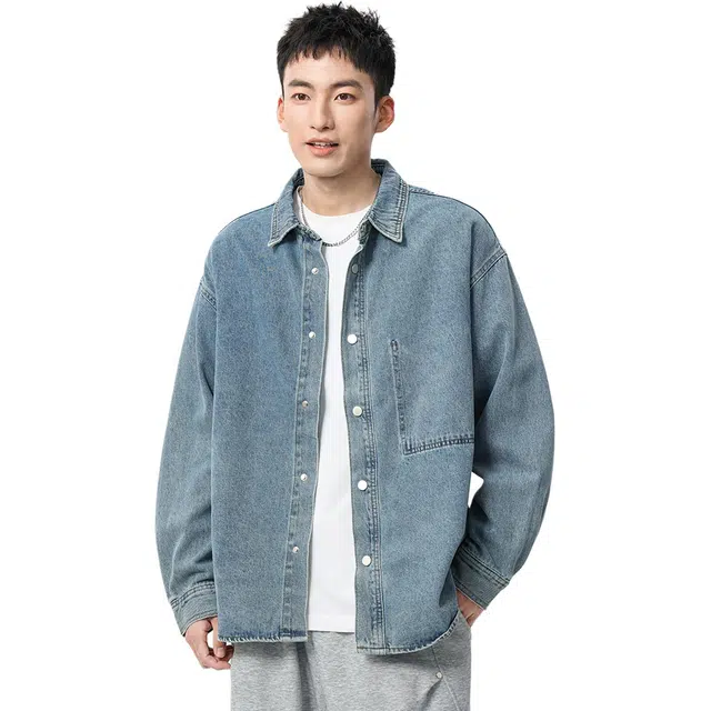 米素力 复古牛仔宽松翻领长袖衬衫 男款 蓝色