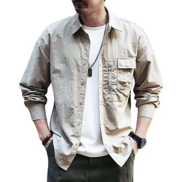 格蓝鹿 美式复古山系工装纯色长袖衬衫 男女同款