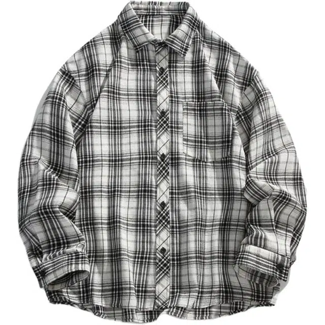 颂希尔 韩版复古格子翻领长袖衬衫 男女同款