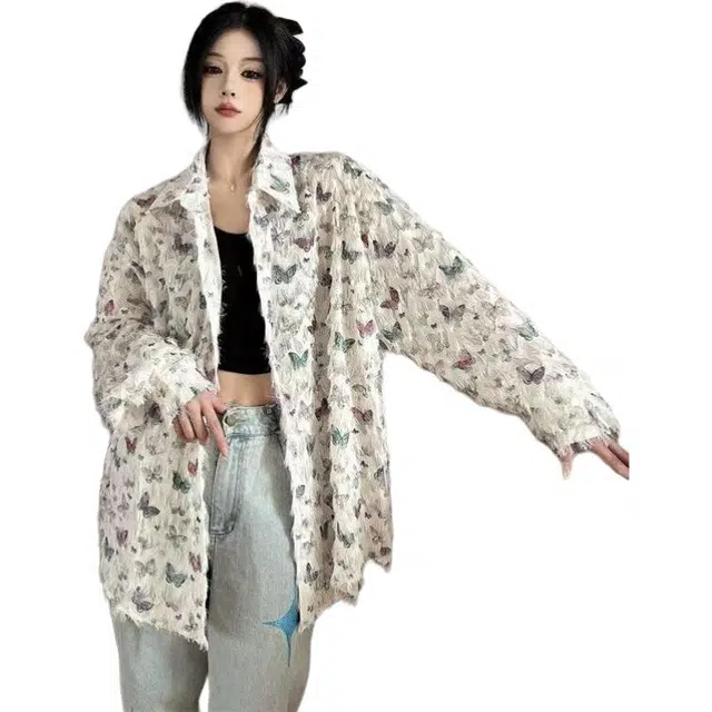 袋鼠 蝴蝶印花流苏立体设计无性别穿搭古巴领宽松休闲长袖衬衫 男女同款
