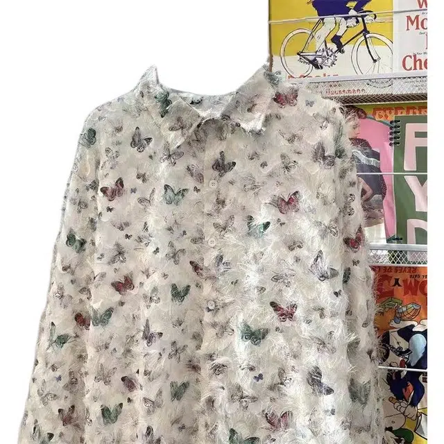 袋鼠 蝴蝶印花流苏立体设计无性别穿搭古巴领宽松休闲长袖衬衫 男女同款