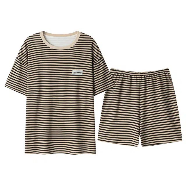 莫代尔 时尚亲肤透气百搭圆领舒适柔软细腻带胸垫防凸点短袖家居服可外穿睡衣套装 女款 黑白色