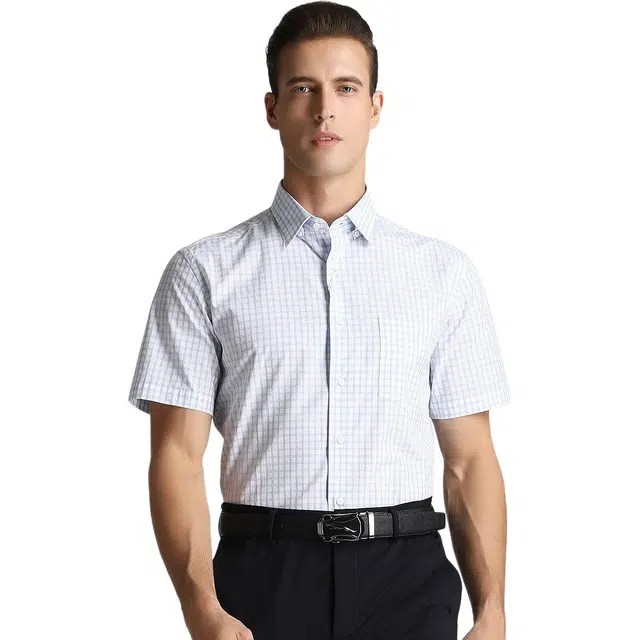 佛朗尼·齐拉 商务休闲透气格子短袖衬衫 男款 蓝格