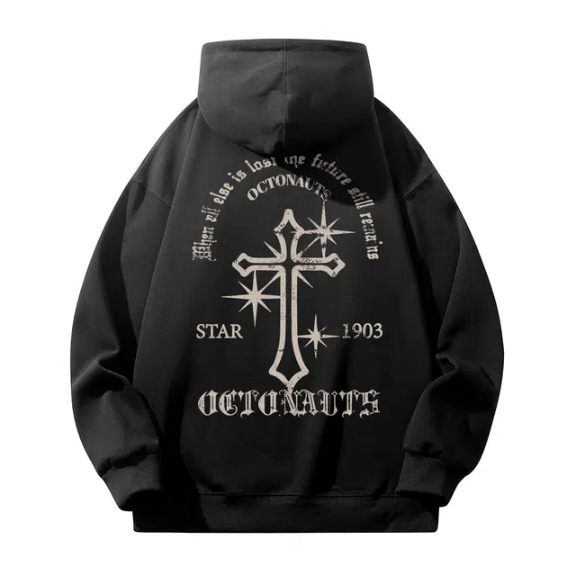 海底小纵队 美式复古字母十字架印花学院风宽松重磅连帽卫衣 男女同款