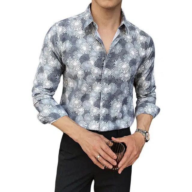 大白鲨 高级感休闲印花衬衣男士商务休闲长袖衬衣衬衫 男款
