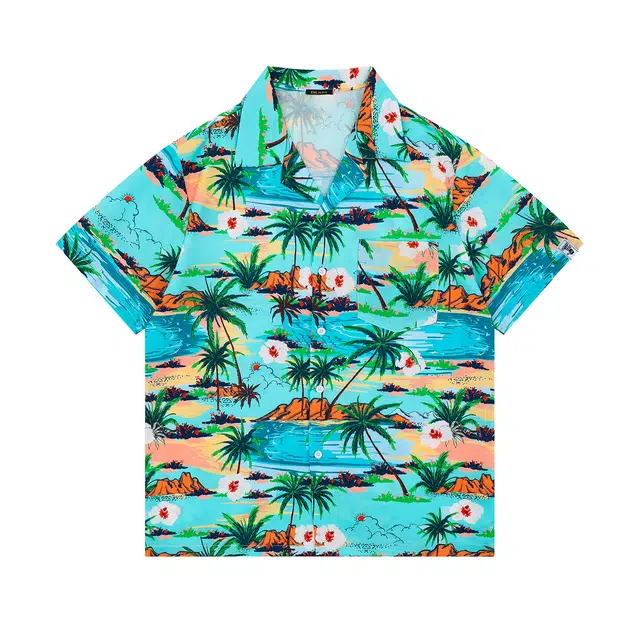 依文 海边度假系列满印宽松宽松休闲百搭开衫短袖衬衫 男女同款 海岛椰林