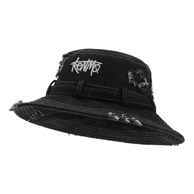 肯默 星星牛仔 做旧破洞  大帽檐 遮阳防晒 棉 渔夫帽 男女同款情侣款