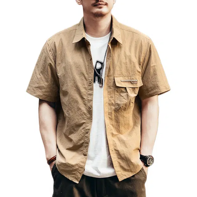 格蓝鹿 设计感潮牌工装叠穿翻领宽松日系复古痞帅短袖衬衫 男女同款