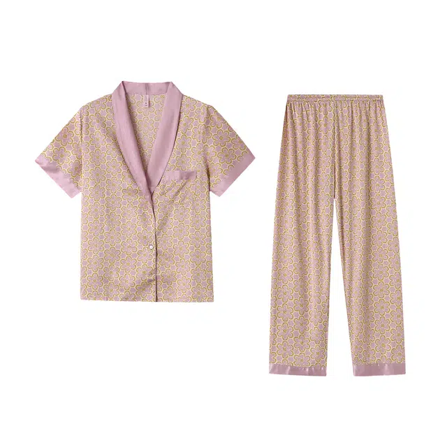 颂希尔 花朵短袖休闲长裤家居服高级睡衣套装 女款 咖啡色