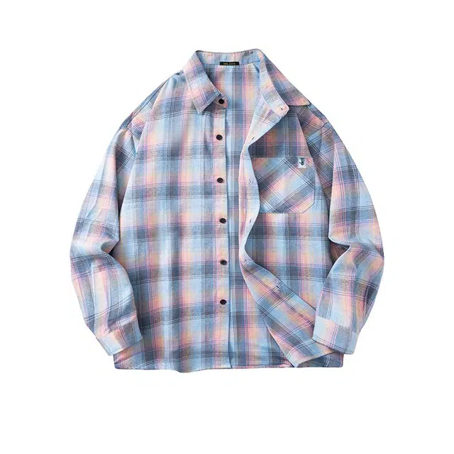 依文 美式基础款格子简约百搭通勤长袖衬衫 男女同款 蓝粉