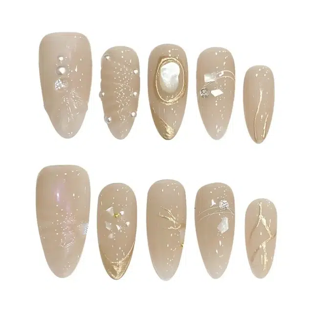 韵月乔 夏日倾心 猫眼纯手工小  穿戴甲 杏仁裸色纯色 纯欲