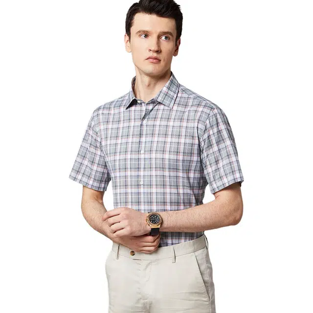 佛朗尼·齐拉 时尚格纹休闲商务翻领短袖衬衫 男款 绿格