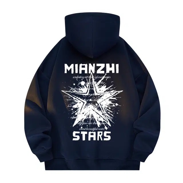 棉致 美式高街手绘泼墨涂鸦星星字母印花宽松休闲通勤百搭落肩套头连帽长袖卫衣 男女同款