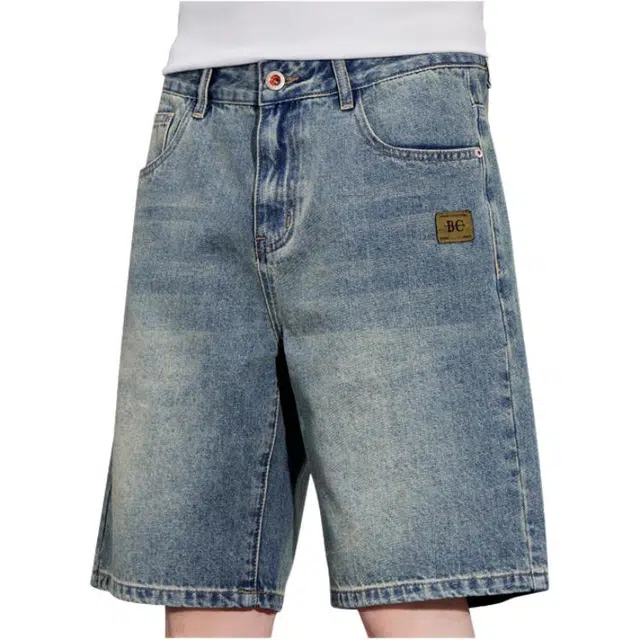 羽浅 水洗做旧直筒美式痞帅外穿中裤潮牌宽松休闲五分牛仔短裤 男女同款 怀旧蓝