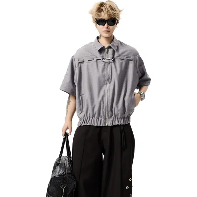 佐菲利 美式宽松百搭小众设计感短袖衬衫 男女同款 灰色