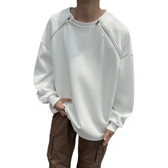 玉儿恋 美式慵懒风纯色双拉链重磅宽松圆领长袖卫衣 男女同款