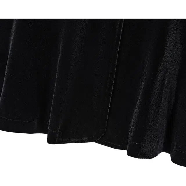 她池 法式优雅方领修身丝绒蕾丝边长袖衬衫 女款 黑色