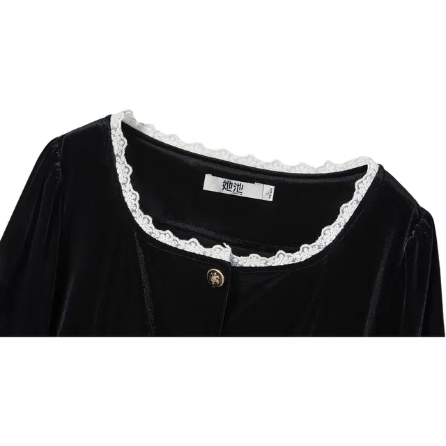 她池 法式优雅方领修身丝绒蕾丝边长袖衬衫 女款 黑色