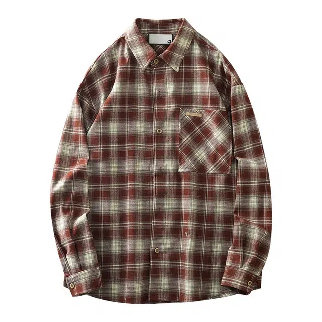 杜克恩 美式复古重磅法兰绒格子简约休闲宽松长袖衬衫 男女同款