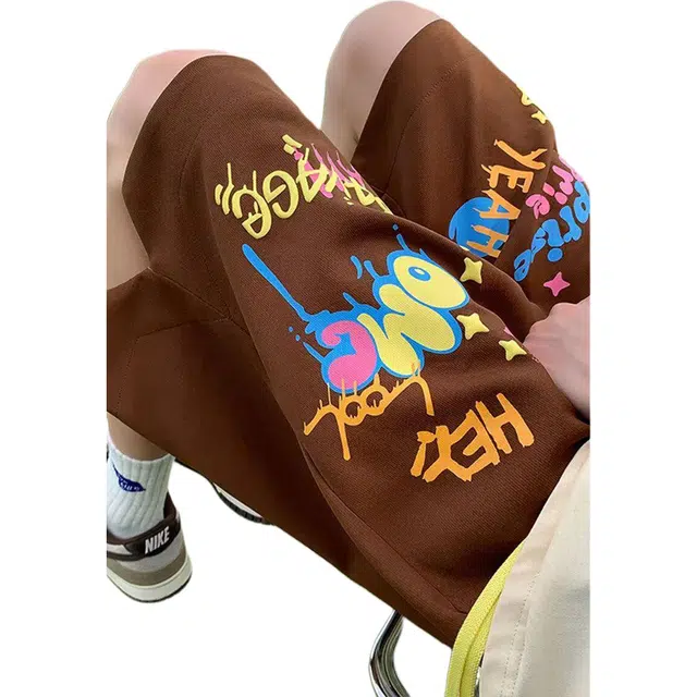 袋鼠 印花美式高街百搭宽松户外学生基础款抽绳五分系带篮球透气休闲短裤 男女同款