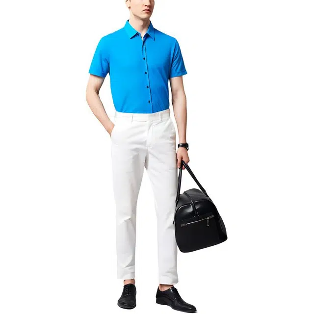 佛朗尼·齐拉 纯色时尚舒适翻领短袖衬衫 男款 浅蓝色