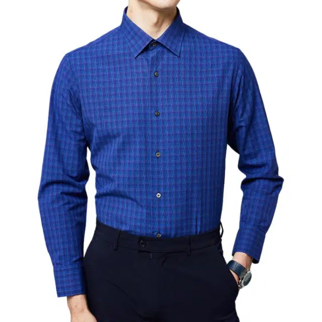 佛朗尼·齐拉 商务休闲翻领长袖衬衫 男款 蓝格