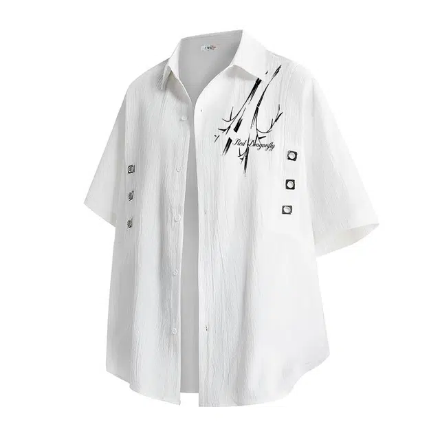 红蜻蜓 背面条纹简约纯色日常竹子百搭宽松短袖衬衫 男女同款