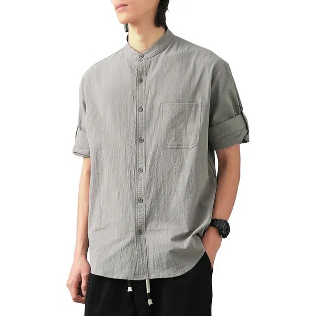 杜克恩 纯色立领舒适百搭休闲长袖衬衫 男女同款