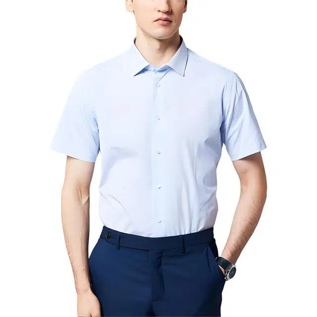 佛朗尼·齐拉 纯色格子翻领纽扣短袖衬衫 男款 蓝格