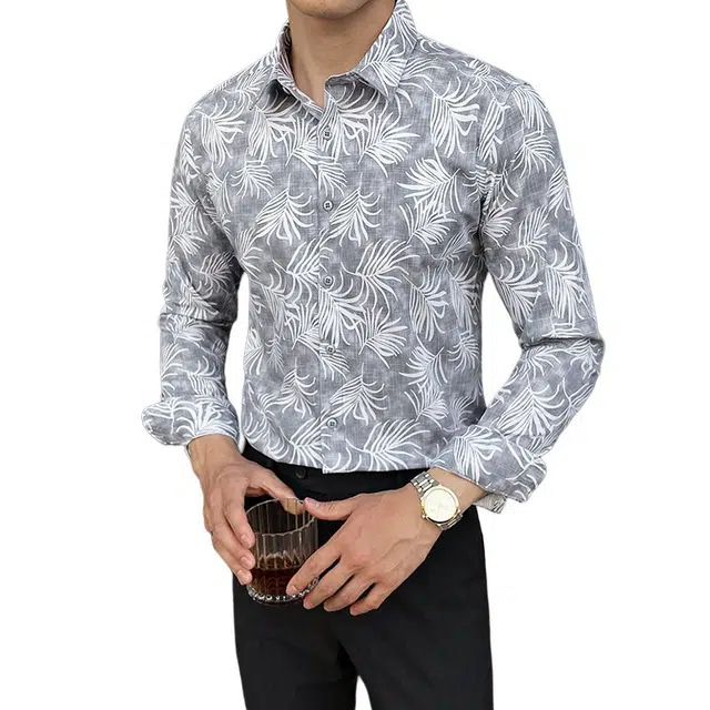 大白鲨 秋冬印花男潮流长袖衬衣休闲方领花衬衫 男款