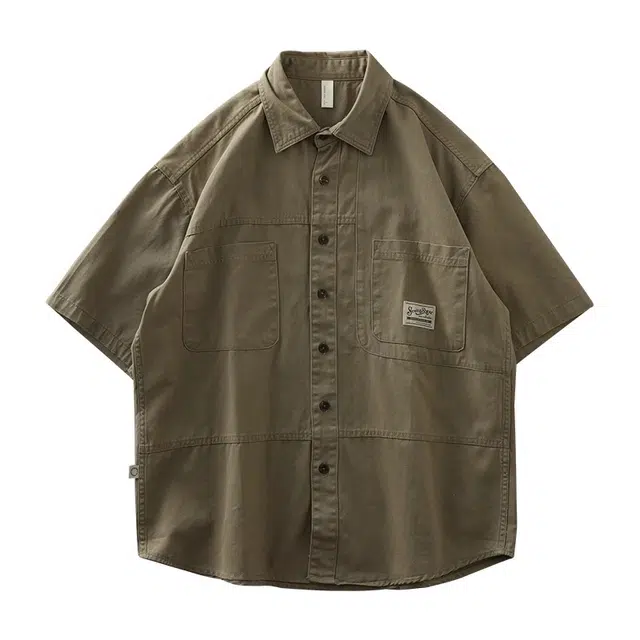 杜克恩 重磅工装美式复古多口袋翻领短袖衬衫 男款
