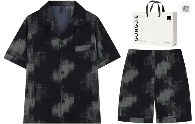 宫蝶 凉感短袖家居服休闲风开衫睡衣套装 男款 礼袋装 黑色